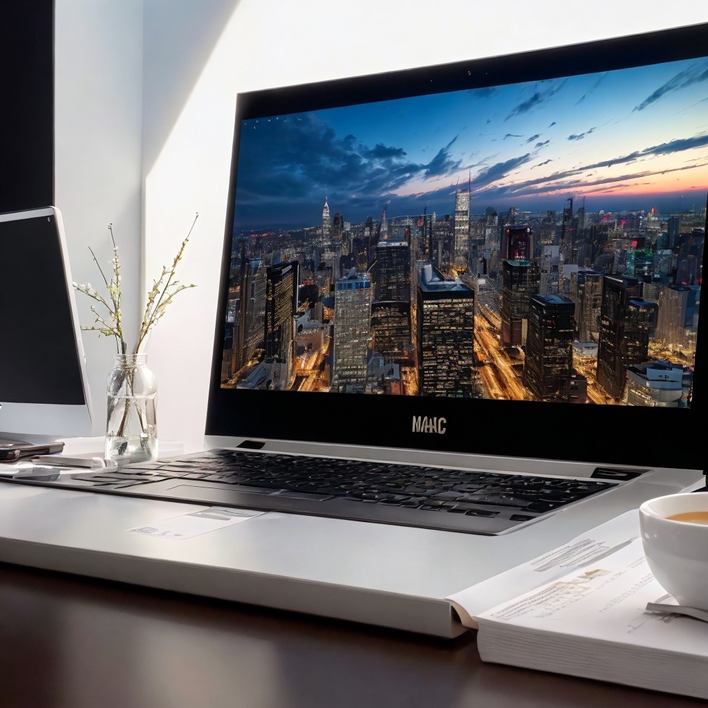 Sleek Laptop and Cozy Workspace with City Skyline
