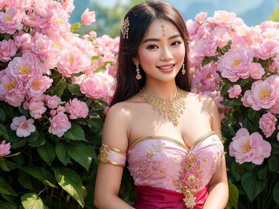 Young woman in pastel gown among pink roses