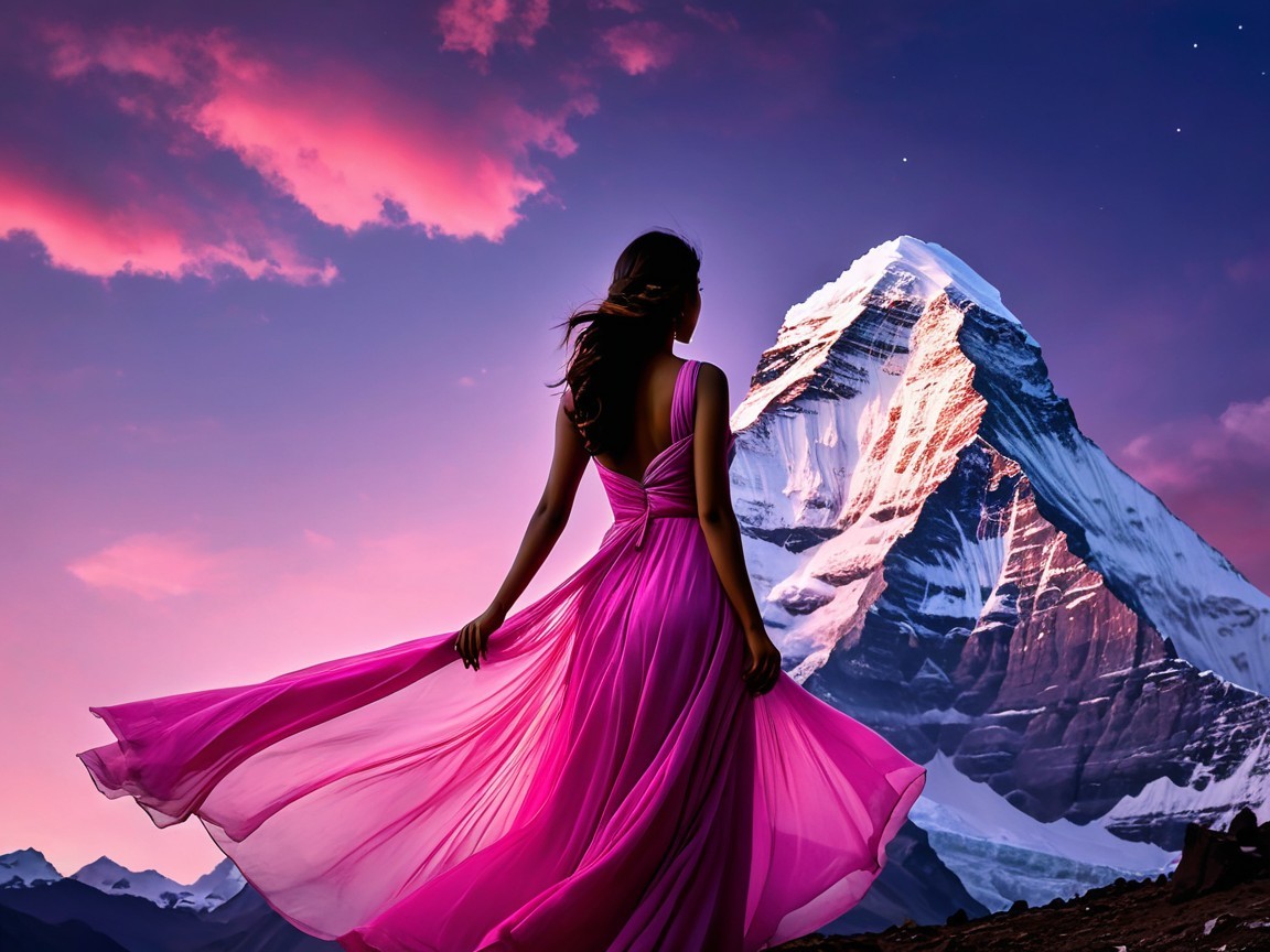 Woman in pink dress gazes at sunset mountain view