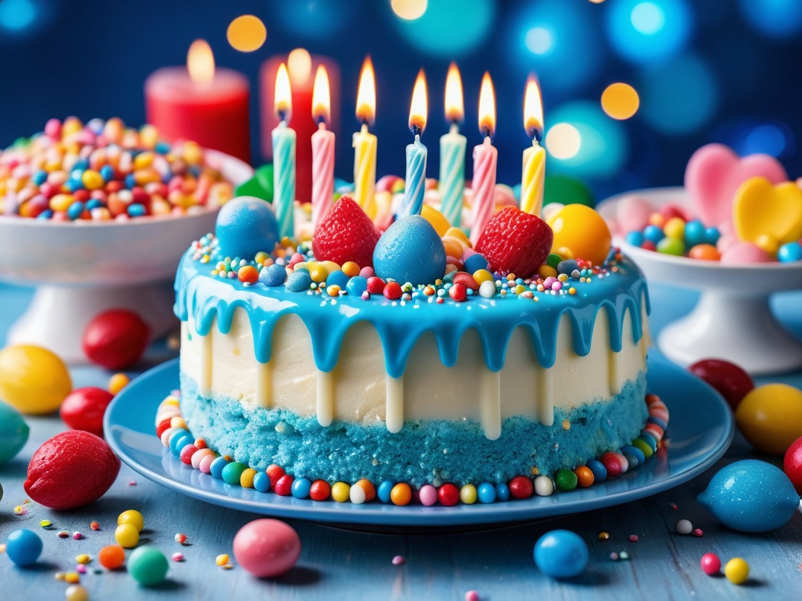 Vibrant Birthday Cake with Blue Icing and Candles