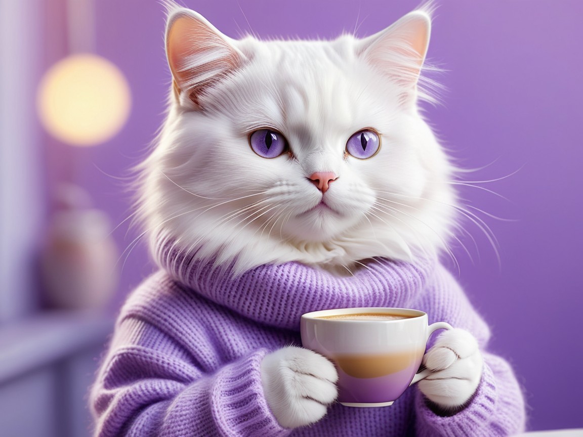 Fluffy White Cat in Lavender Sweater with Coffee