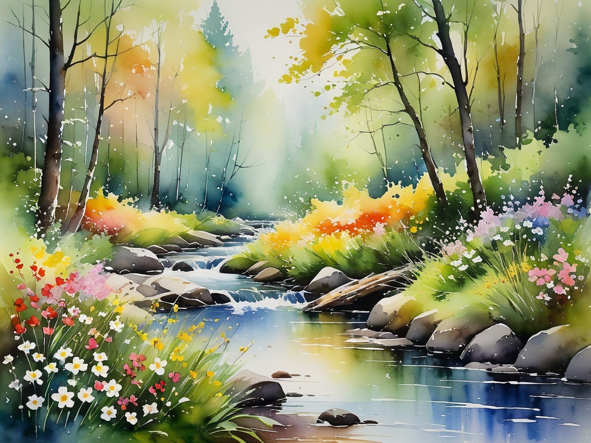 Serene Landscape with Stream and Wildflowers