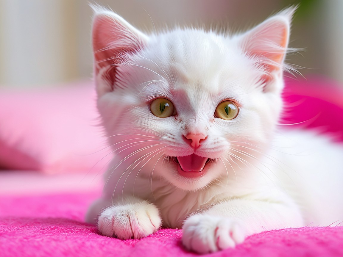 Playful white kitten on vibrant pink surface