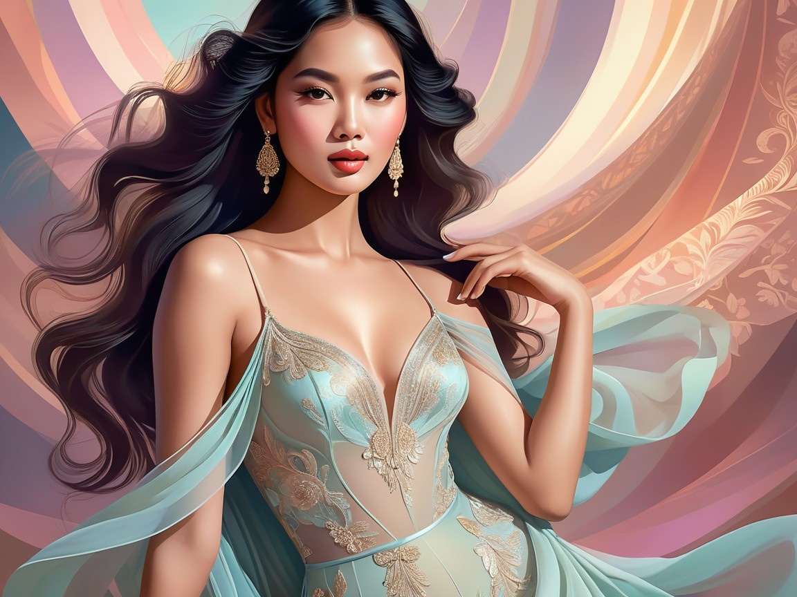 Elegant Woman in Light Blue Gown with Pastel Background