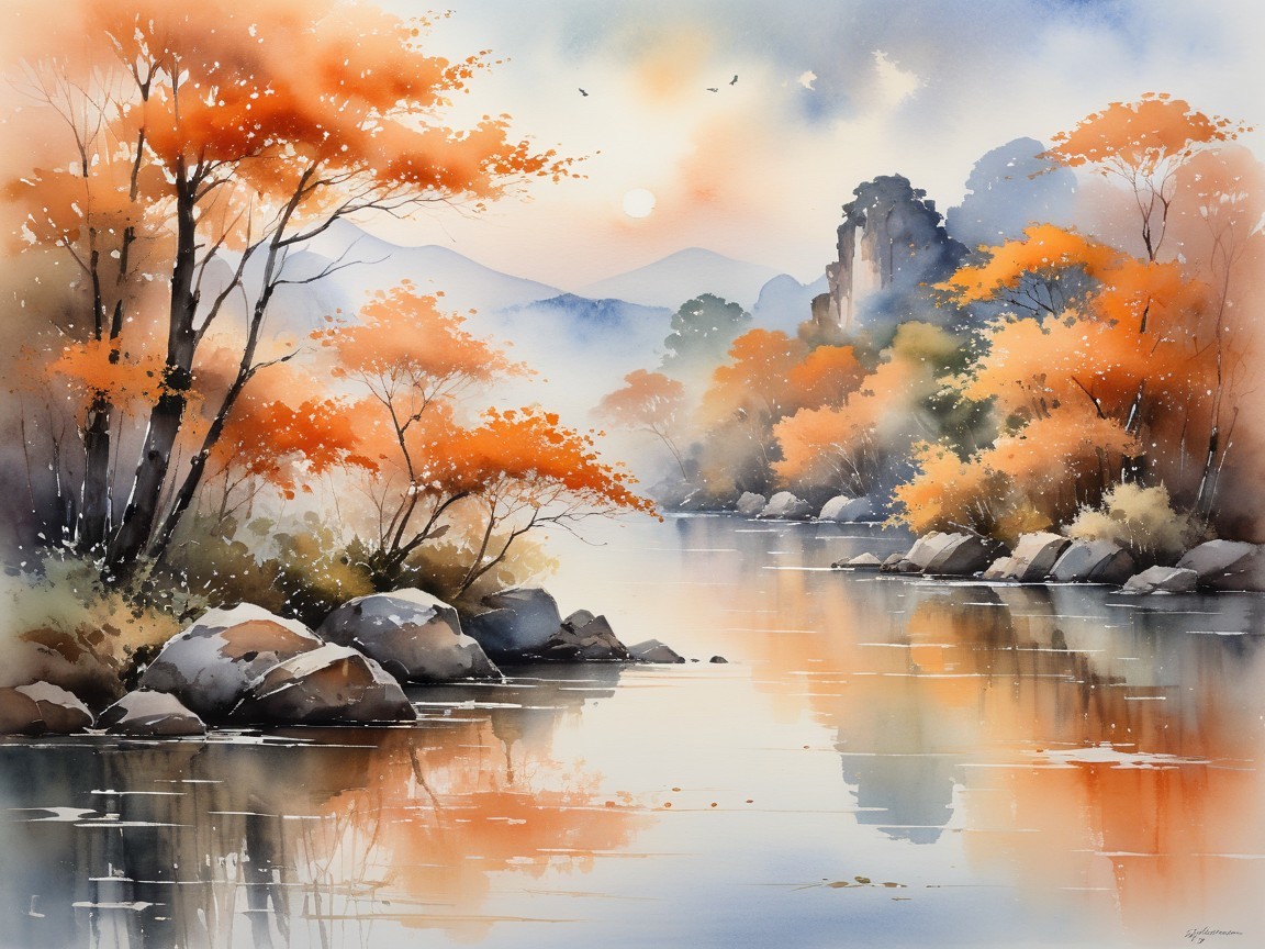 Watercolor Landscape of Autumn River and Mountains