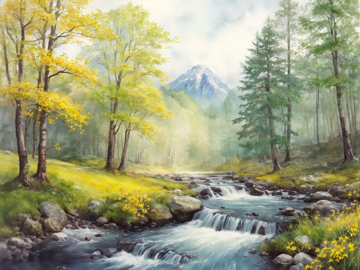 Serene Landscape with Stream and Vibrant Trees