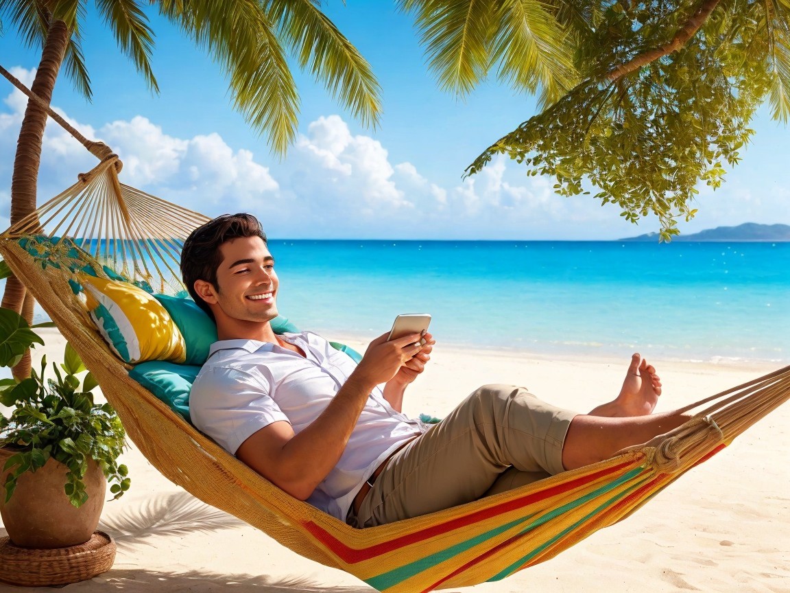 Young man in hammock on tropical beach setting