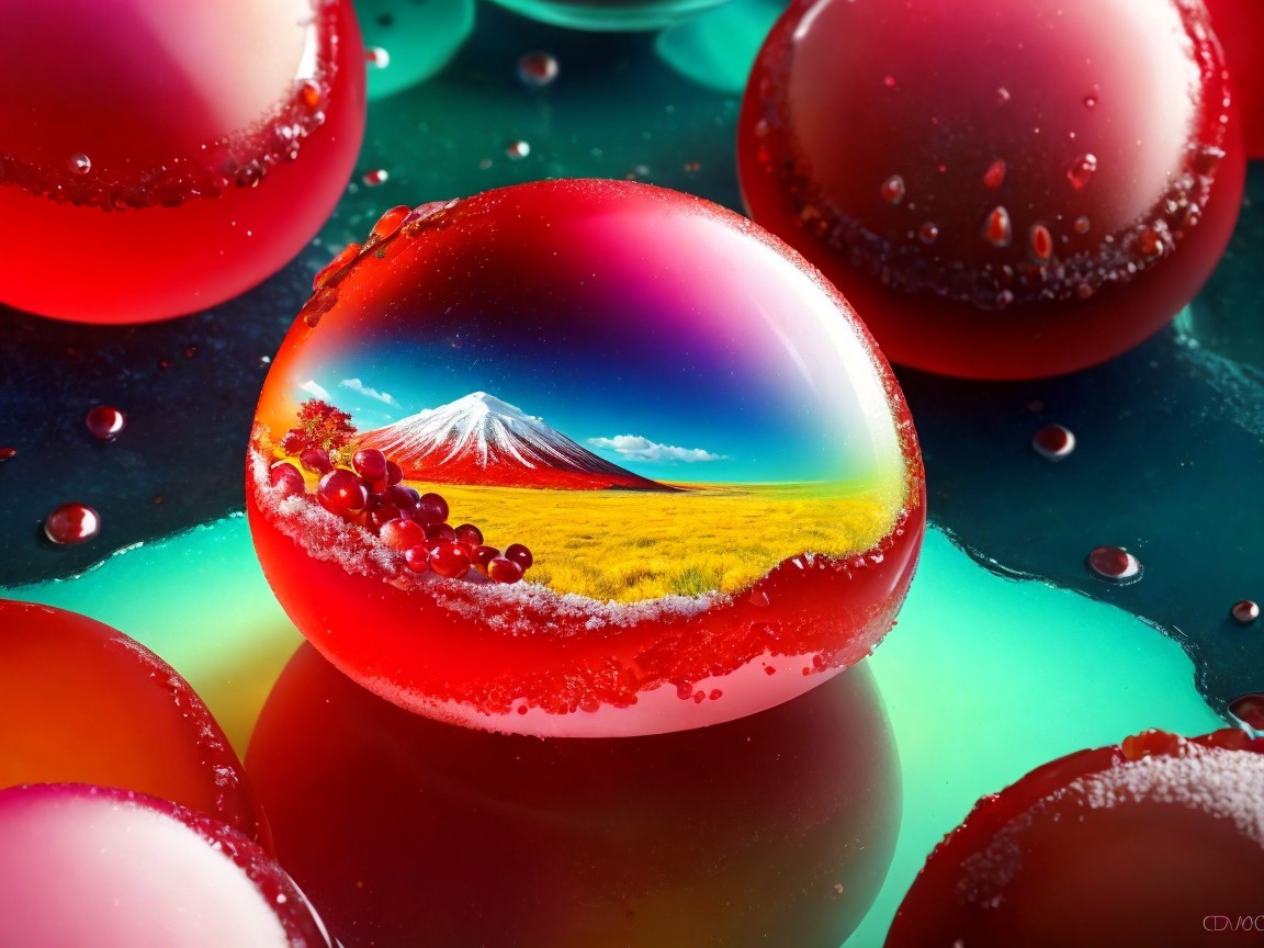 Vibrant Red Spheres with Miniature Landscapes Inside