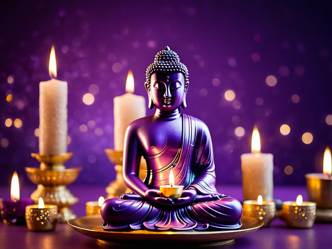 Purple Buddha Statue with Candles in Tranquil Setting