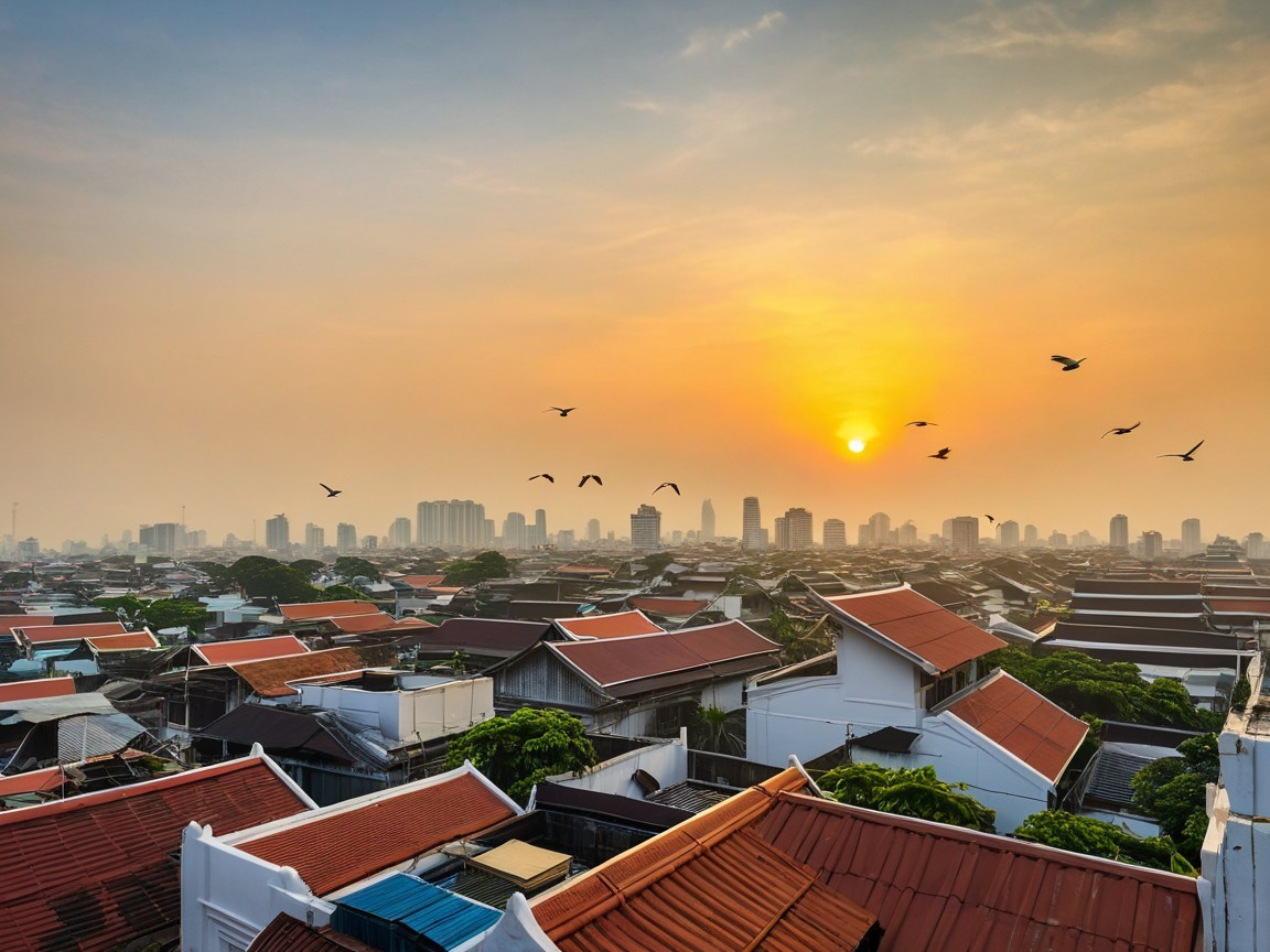 Stunning Sunset Over City Skyline with Rooftops