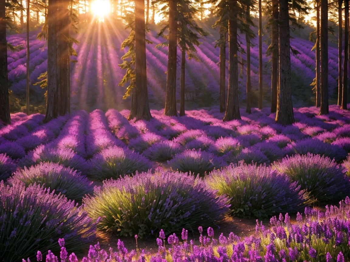 Lavender Field Under Sunrise with Tall Trees