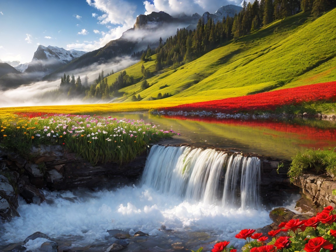 Cascading Waterfall in a Vibrant Flower Landscape