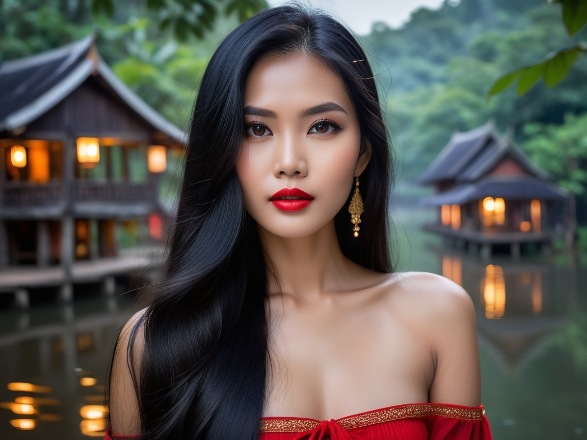 Woman in Red Dress by Serene Lakeside Setting