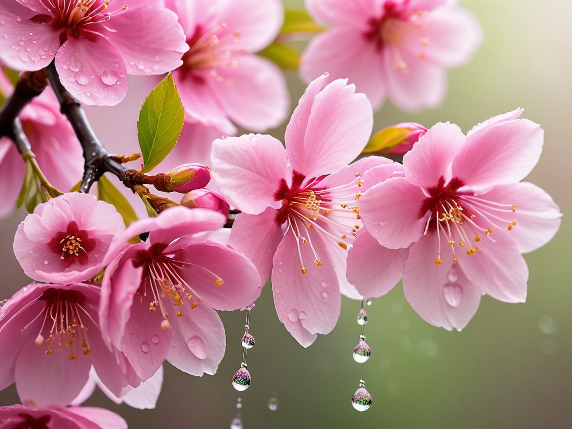 Close-up of Pink Cherry Blossoms with Water Droplets