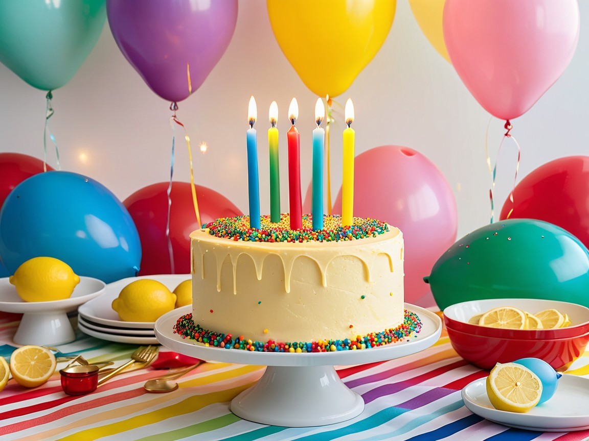 Vibrant Birthday Scene with Cake and Festive Decor