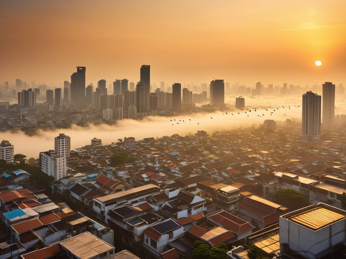 Sunrise Cityscape with Skyscrapers and Mist