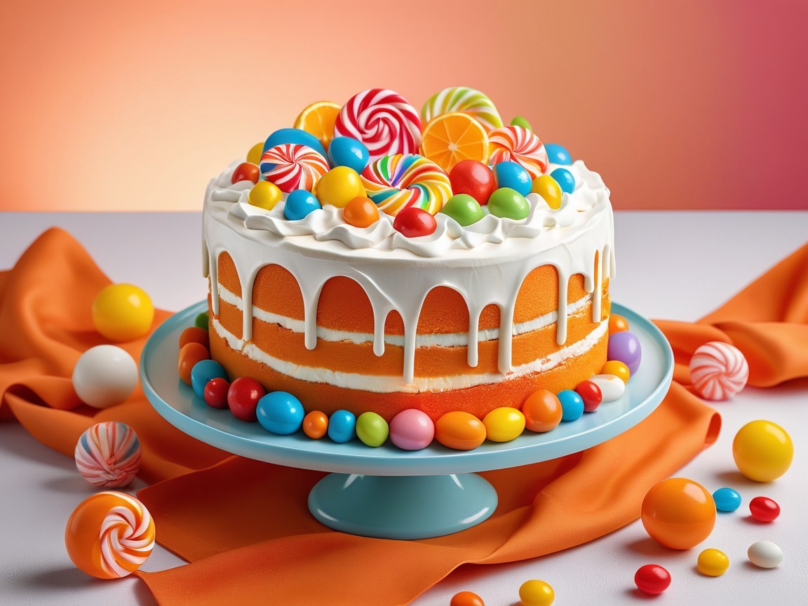Vibrant Multi-Layered Cake with Colorful Decorations