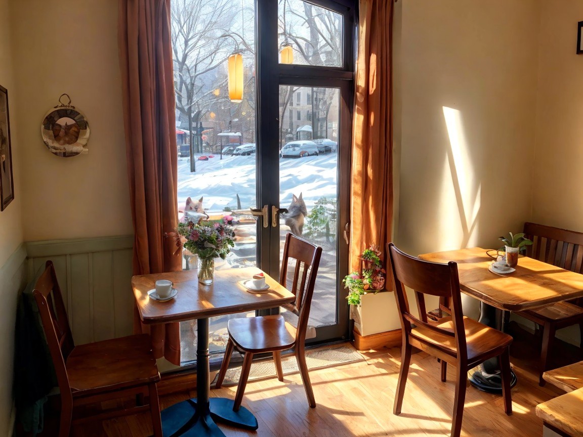 Cozy café with wooden furniture and sunny ambiance