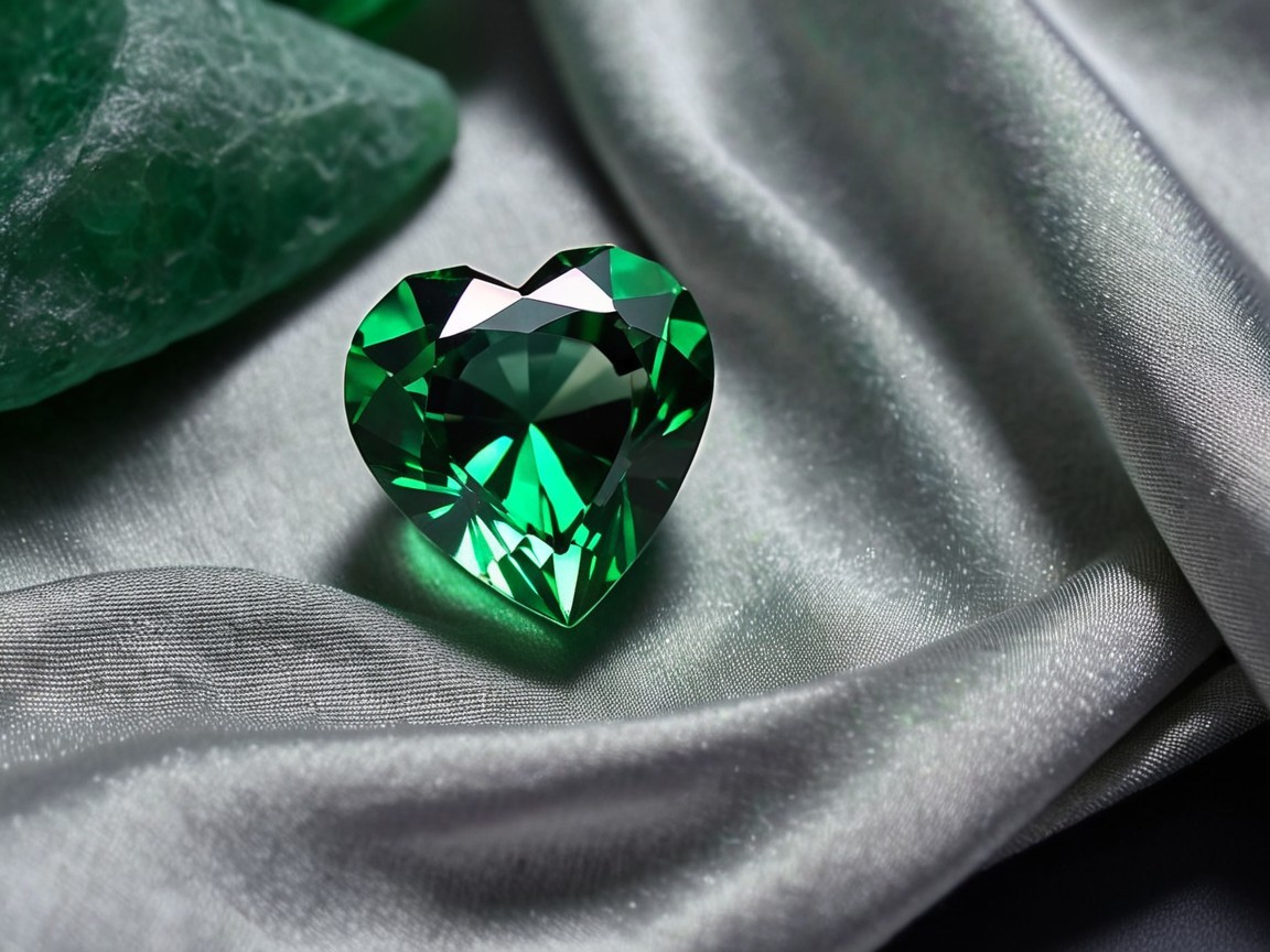 Heart-Shaped Green Gemstone on Satin Fabric