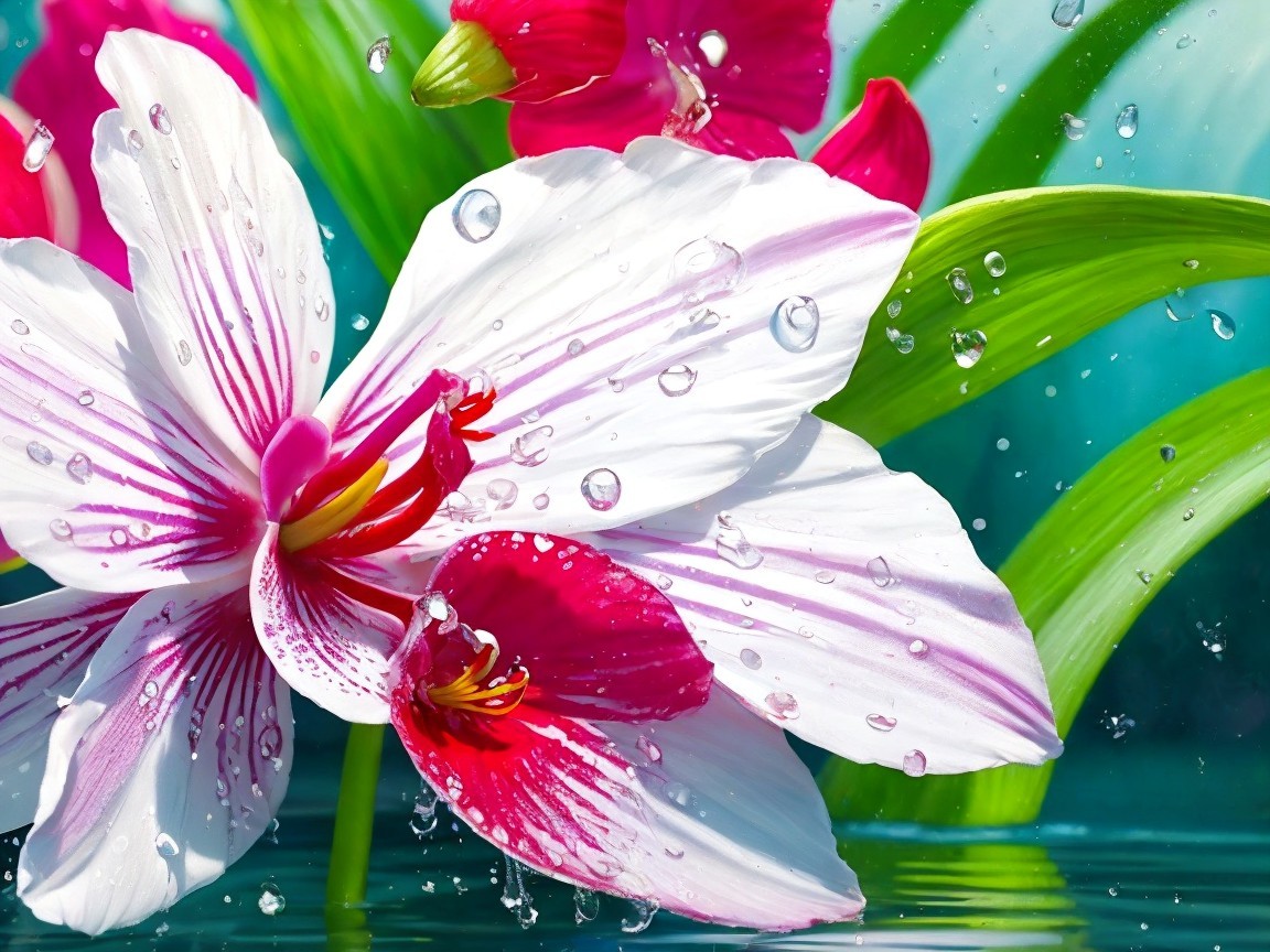 Vibrant Pink and White Flower with Water Droplets