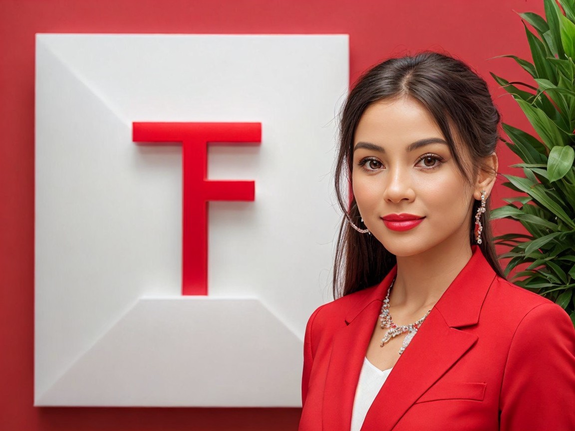 Confident Woman in Red Blazer Against Vibrant Backdrop