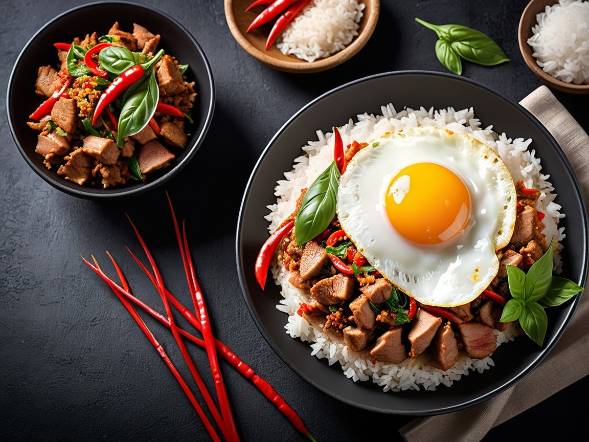 Hearty Meal with Rice, Meat, Chili Peppers, and Egg