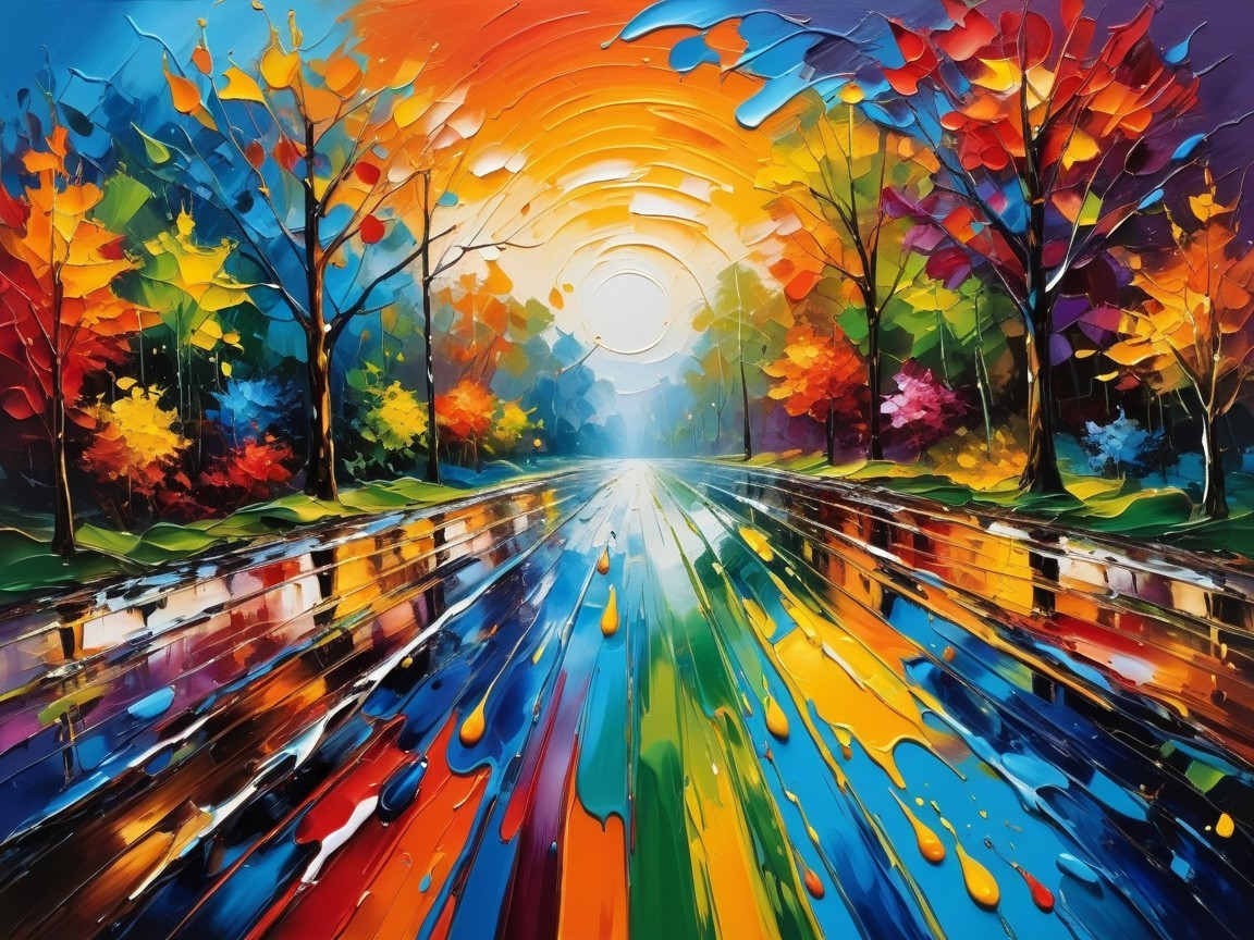 Vibrant Autumn Landscape with Serene Pathway and Trees