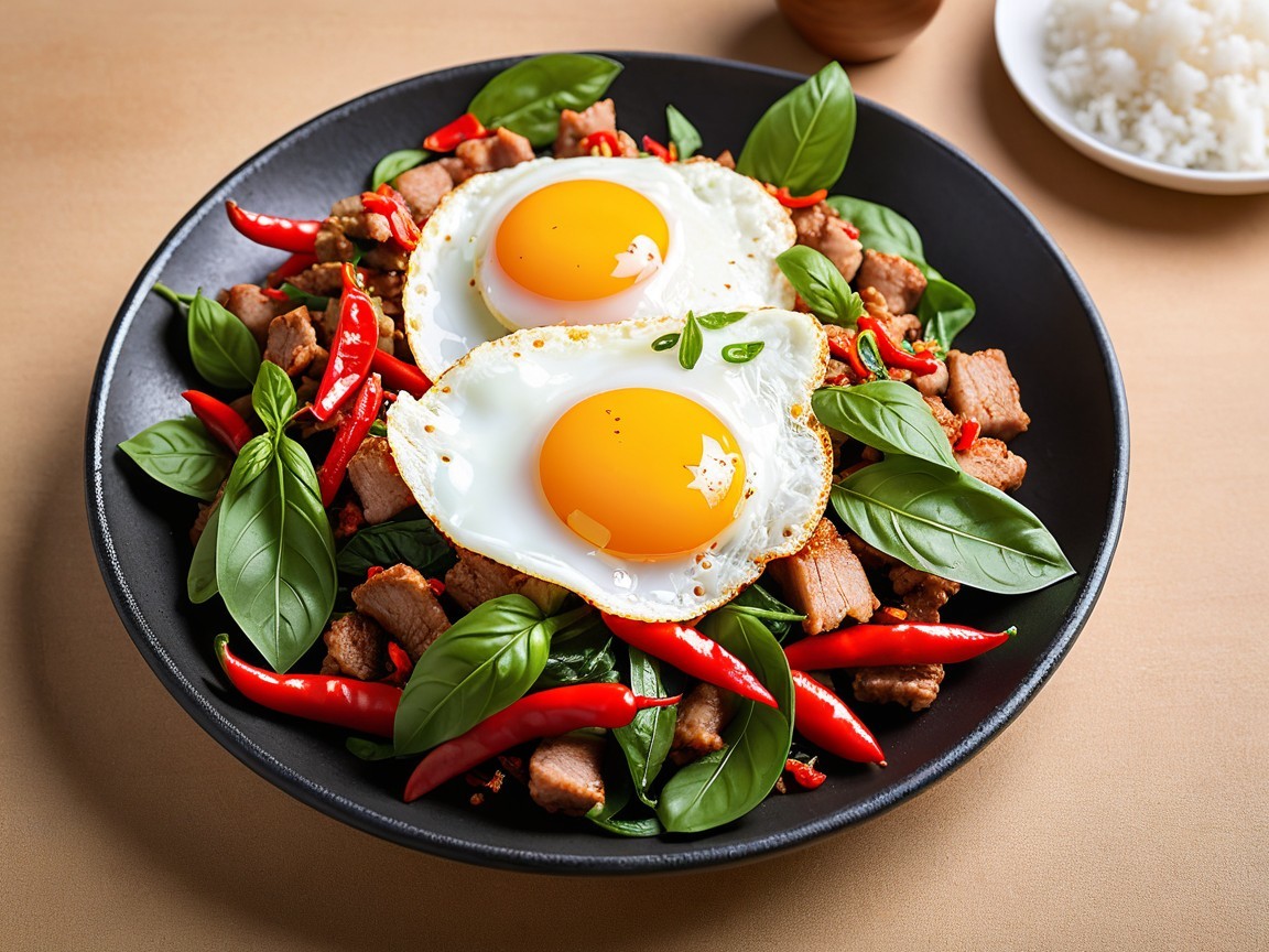 Colorful Dish with Eggs, Meat, Basil, and Rice