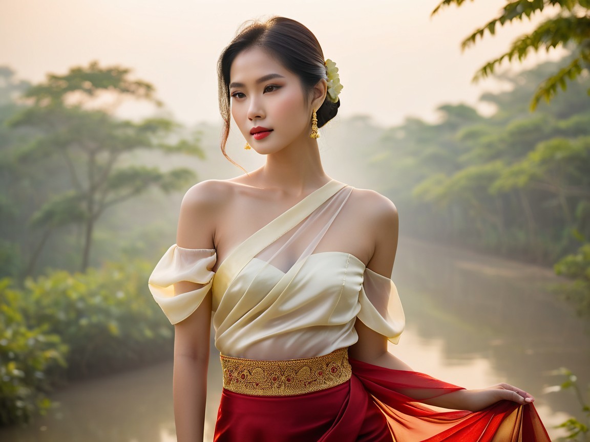 Woman in elegant gown by serene river setting