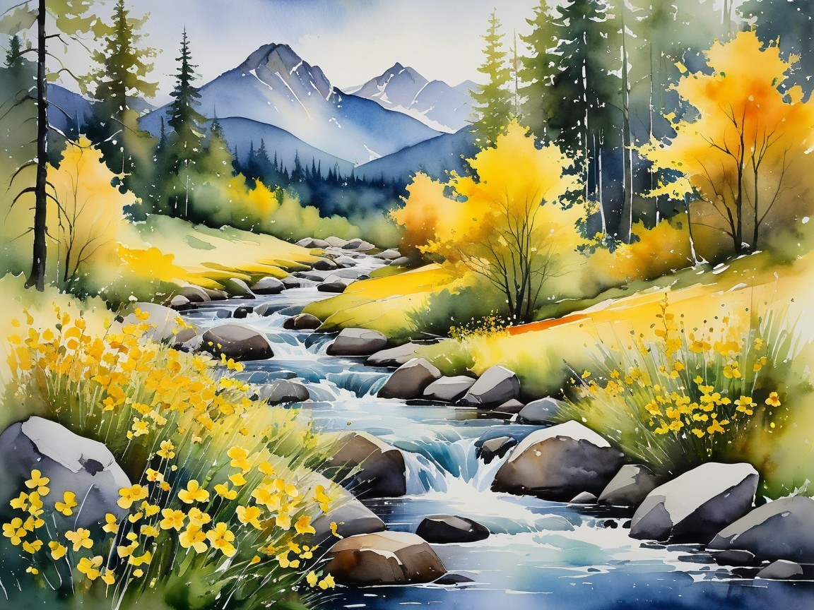 Serene Landscape with River, Wildflowers, and Mountains