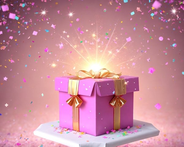 Vibrant Pink Gift Box with Gold Ribbon on Pedestal