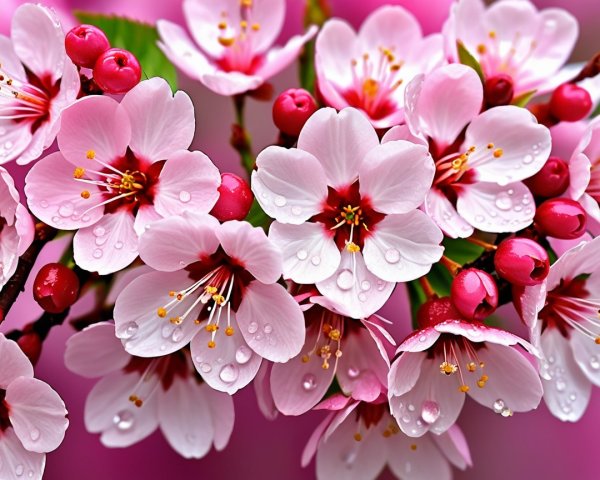 Close-up of cherry blossoms with raindrops and foliage