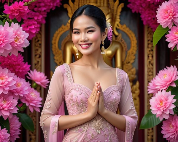 Woman in Pink Dress Surrounded by Vibrant Flowers