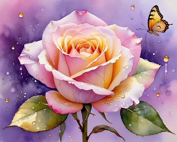 Watercolor Illustration of a Pink Rose with Butterfly