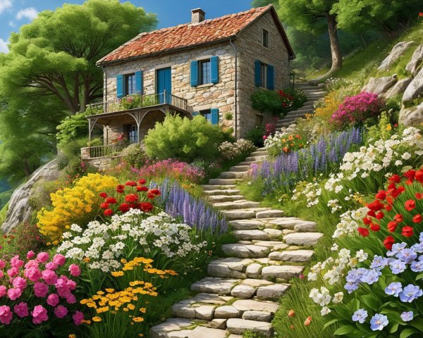 Stone Cottage Surrounded by Lush Greenery and Flowers
