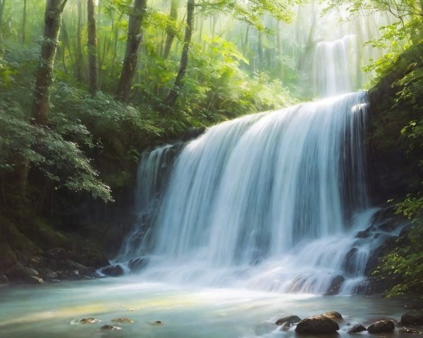 Serene Waterfall Surrounded by Lush Greenery