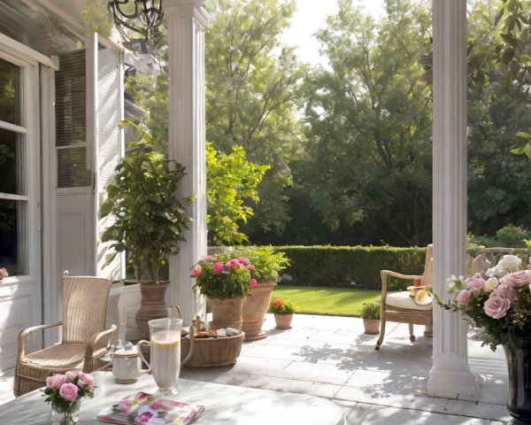 Serene Outdoor Patio with Elegant Columns and Greenery