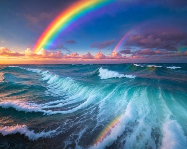 Vibrant Ocean Scene with Double Rainbow and Sunset Sky