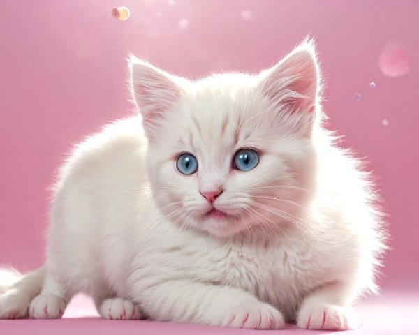 Fluffy White Kitten with Blue Eyes on Pink Background