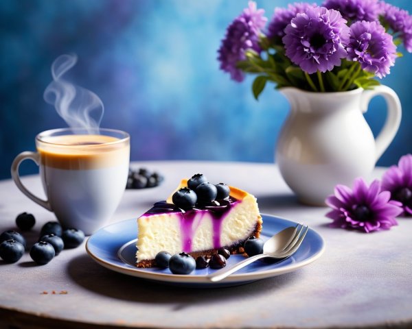 Blueberry cheesecake with coffee and floral arrangement