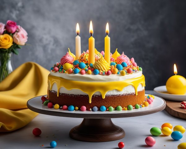 Vibrant cake with yellow icing and festive decorations