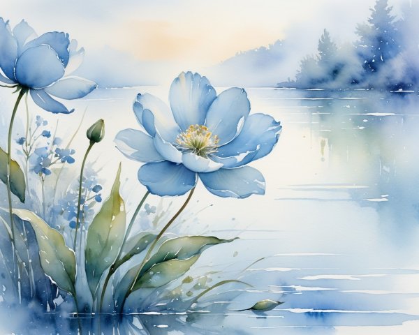 Watercolor Scene of Blue Flowers by a Tranquil Lake
