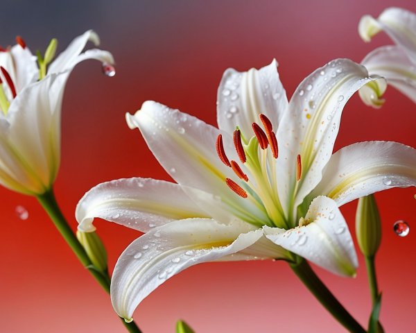 Close-Up of White Lilies on Red Background