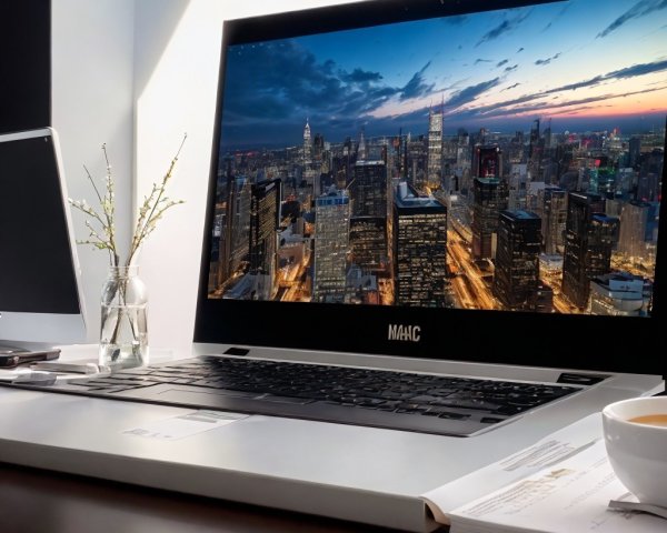 Sleek Laptop and Cozy Workspace with City Skyline