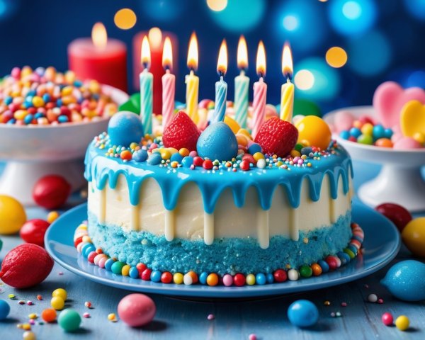 Vibrant Birthday Cake with Blue Icing and Candles