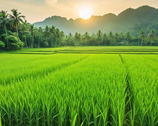 Lush Rice Paddy Field with Mountains and Palm Trees