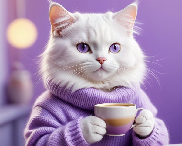Fluffy White Cat in Lavender Sweater with Coffee