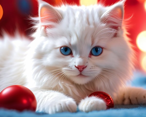 Fluffy White Kitten on Blue Surface with Red Ornaments