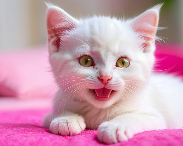 Playful white kitten on vibrant pink surface