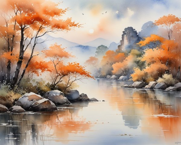Watercolor Landscape of Autumn River and Mountains